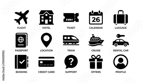 Travel icons: flight, hotel, cruise, passport, and more
