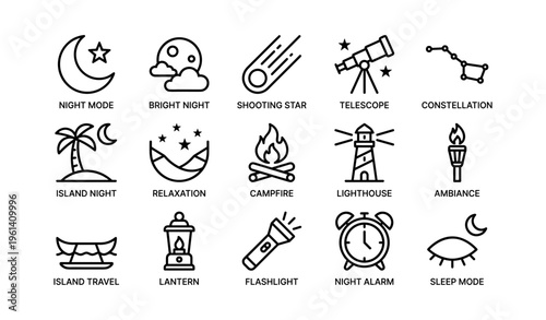 Nighttime icons featuring moon stars telescope lighthouse lantern and more