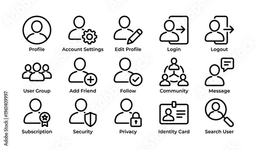 User interface icons for profile, account, security, and community features