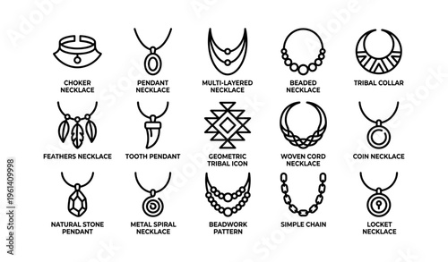 Collection of various necklace designs with tribal and geometric patterns