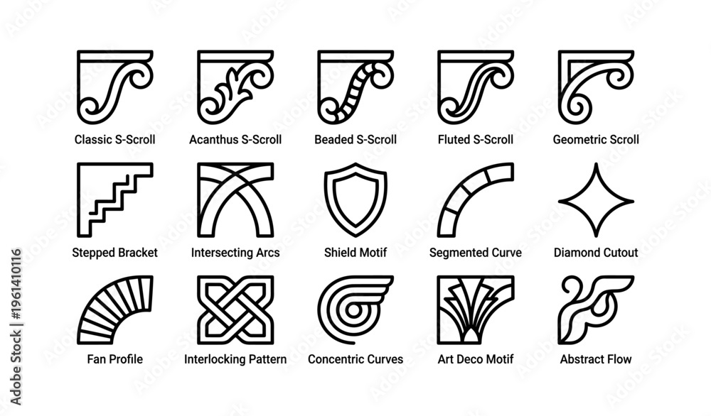 Fototapeta premium Decorative scrolls and motifs diagram: classic, shield, art deco, abstract