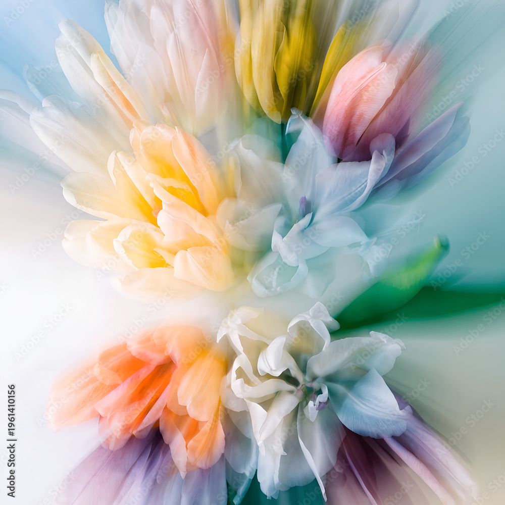 Fototapeta premium macro spring flowers, heavy blur, soft texture background, pastel tones, minimal composition, copy space