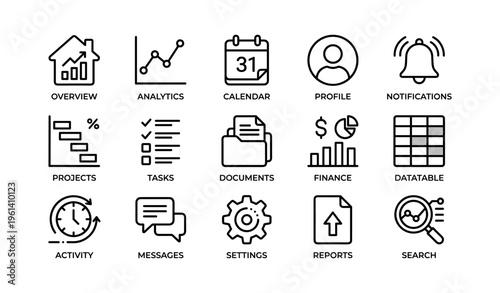 Overview icons: analytics, calendar, profile, notifications, tasks, finance, search