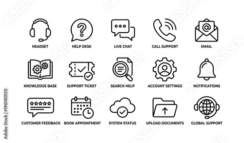 Customer support icons set: headset, email, search, booking, global