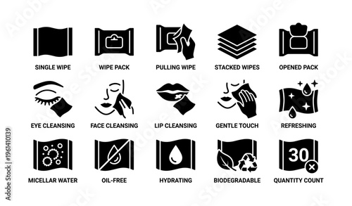 Single wipe icons: cleansing, hydrating, biodegradable, refreshing designs