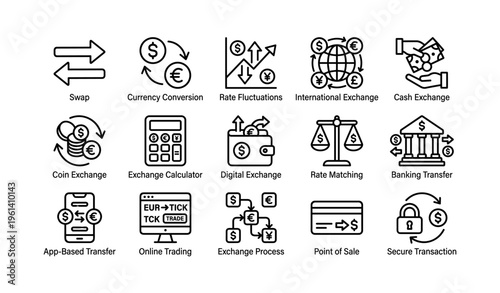 Financial symbols: currency and digital exchange concepts in black and white icon set