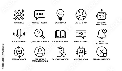 Ai and tech icons - sparkle, chatbot, smart bulb, brain, robot head, voice, query, knowledge, predictive, notification