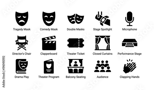 Theater icon set with masks, stage, and audience elements