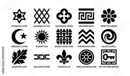 Geometric and heraldic symbols collection: stars, lattice, fleur-de-lis, and more
