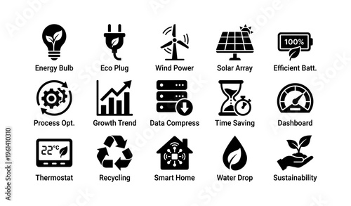 Sustainable energy and technology icons set including solar, wind, recycling, and smart home