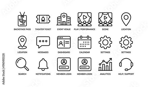 Icon set: theater, venue, and digital interface elements