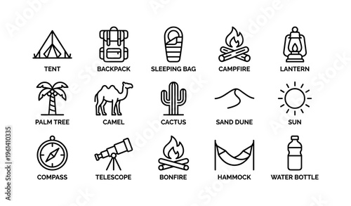 Outdoor adventure icons: tent, backpack, sleeping bag, and campfire collection
