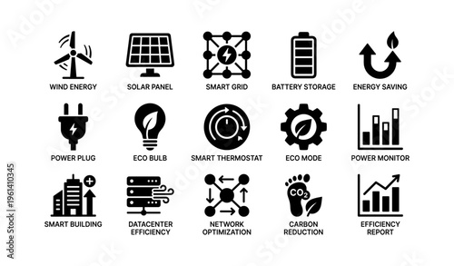 Renewable energy icons collection: wind, solar, smart grid, efficiency, carbon reduction