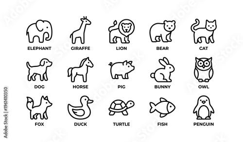 Outlined animal icons: elephant, giraffe, lion, bear, cat, dog, horse, pig, bunny, owl, fox, duck, turtle, fish, penguin