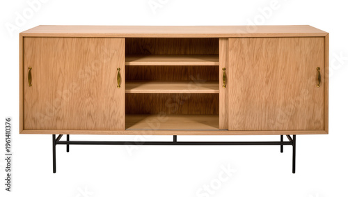Photos Wooden sideboard with sliding doors and brass handles, modern furniture design i