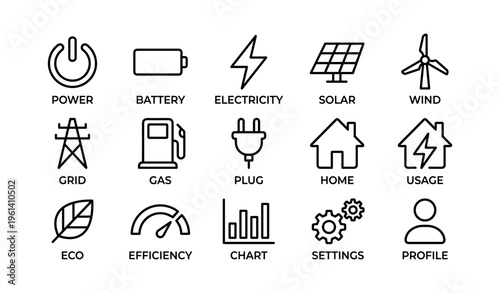 Energy and utility icons: power, solar, wind, eco, efficiency, settings