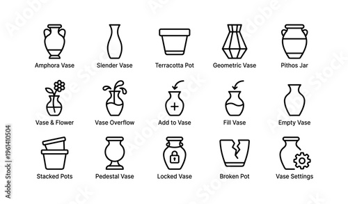 Various vase icons: amphora, terracotta, geometric, pedestal, broken, stacked, flower