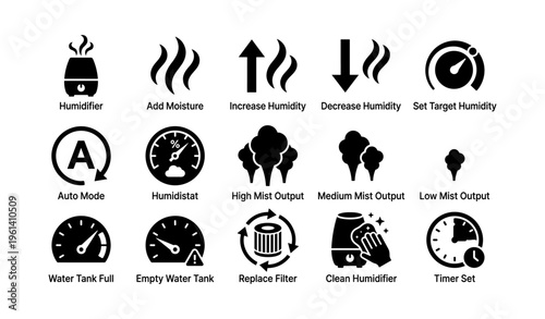 Humidifier icons: modes, mist levels, maintenance, and settings