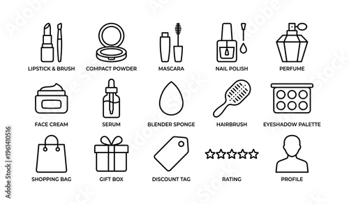 Black and white cosmetic and shopping icons set for beauty enthusiasts