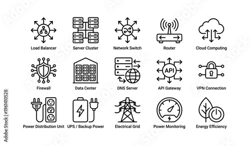 Network infrastructure icons: cloud, server, vpn, firewall, router