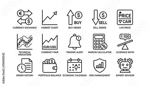 Currency exchange icons set: trading tools and financial symbols collection