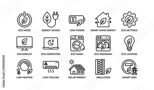 Eco-friendly home icons: energy saving, smart technology, sustainable solutions