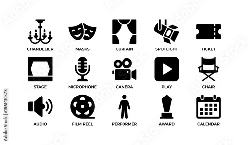 Theater icons: chandelier, masks, spotlight, camera, award, microphone, audio, calendar