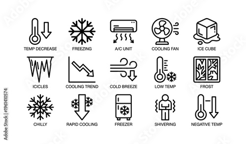 Cooling symbols: icons of temperature decrease, freezing, and air conditioning