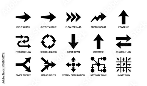 Energy and process flow icons: arrows, distribution, and grids