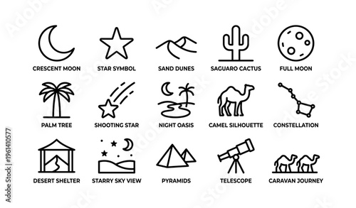 Desert night sky elements: crescent moon to caravan journey illustrations