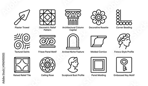 Architectural design elements: trowel, column capitals, rosettes, and moldings in icon style