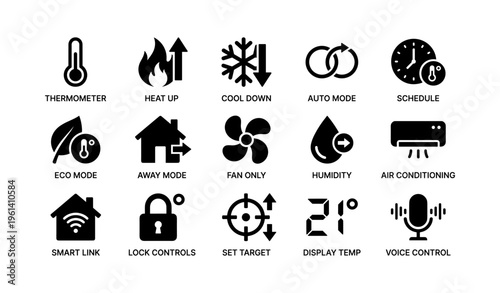 Smart home climate control icons: thermostat, cooling, heating, automation