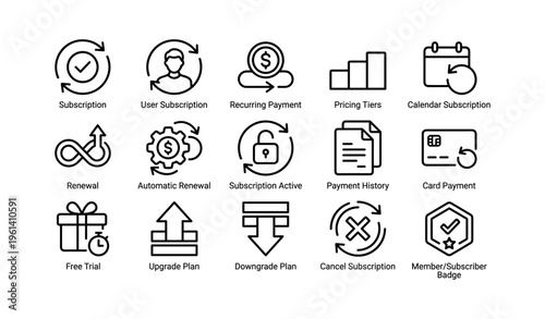 Subscription management icons: renewal, payment, free trial, pricing tiers, upgrade options