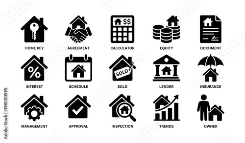 Real estate icons: keys, agreements, financials, insurance, management, trends