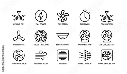 Variety of fan icons featuring speed, power, and filtration options