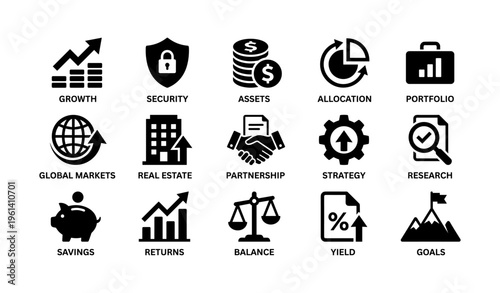 Business icons: growth, security, assets, strategy, and goals in black and white design