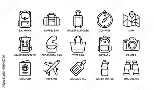 Travel essentials icons set with luggage, compass, and camera