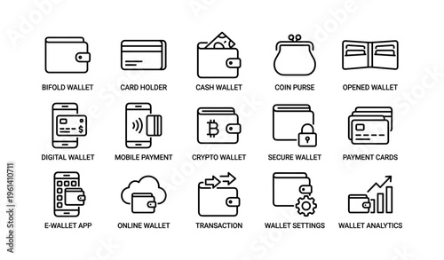 Digital and traditional wallet icons: bifold, card, crypto, mobile, secure