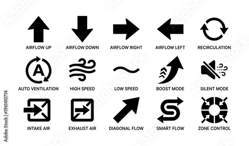 Hvac airflow and ventilation icons set for climate control systems