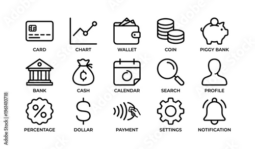 Icons representing finance management tools including wallet, coin, and bank