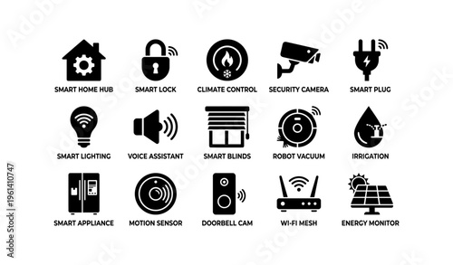 Smart home devices icons featuring security and automation technology