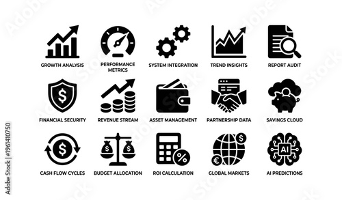Business growth analysis and financial management icons for strategic planning