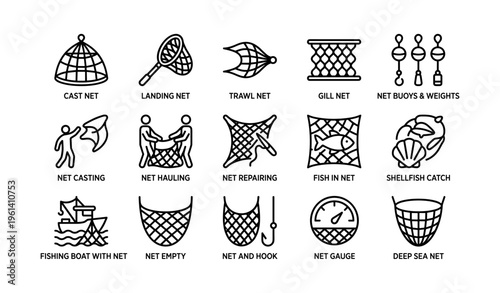 Various fishing nets and equipment icons collection in black and white