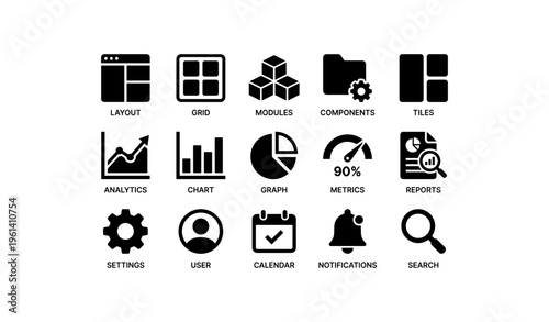 Set of business and interface icons with analytics and settings symbols