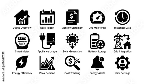 Smart energy icons illustrating efficiency, usage, monitoring, and integration strategies