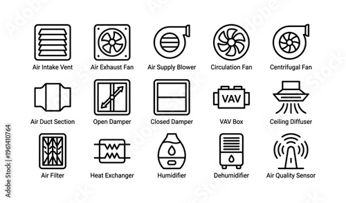 Illustration of hvac components: air vents, fans, dampers, diffusers, filters, heat exchanger, humidifier, dehumidifier, air quality sensor