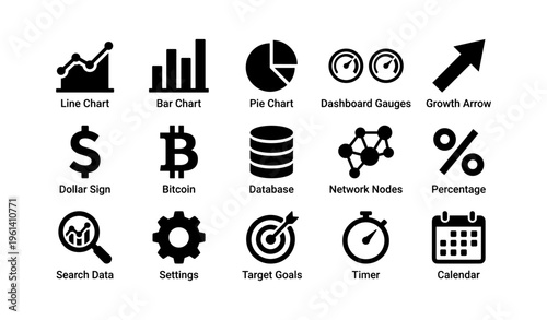 Business and data icon set: charts, dollar, bitcoin, database, network, timing tools