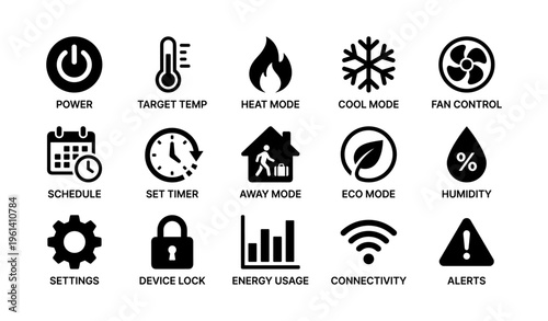 Home climate control icons: power, temperature, mode, fan, eco, energy, connectivity