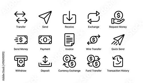 Financial icon set illustrating transfer, exchange, payment, and transaction concepts