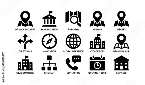Bank icons set: locator, directions, global presence, and services
